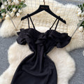 Luxury evening gown for women - french design, off-the-shoulder, spaghetti strap, mesh paneling, cinched waist, and slit dress