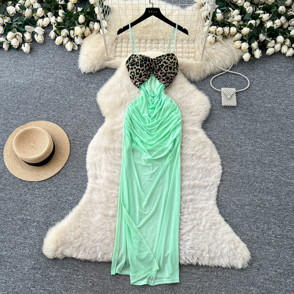 Accessible luxury leopard print patchwork red suspender dress women's summer k-style sleeveless waist slimming lookelegant long dress work clothing