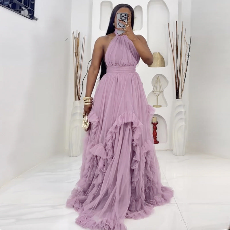 European and american cross-border women's fashion:  spring new arrival - sexy and elegant halter neck high-waisted design purple sleeveless dress