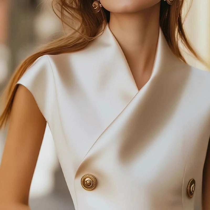Amazon european fashion elegant satin solid color button v-neck shirt women's summer new short sleeve top