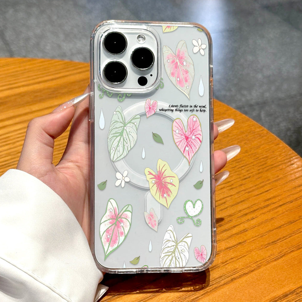 Ins fresh colorful leaf raindrops suitable for iphone17 apple 16pro magnetic anti-fall high transparency transparent mobile phone case 15