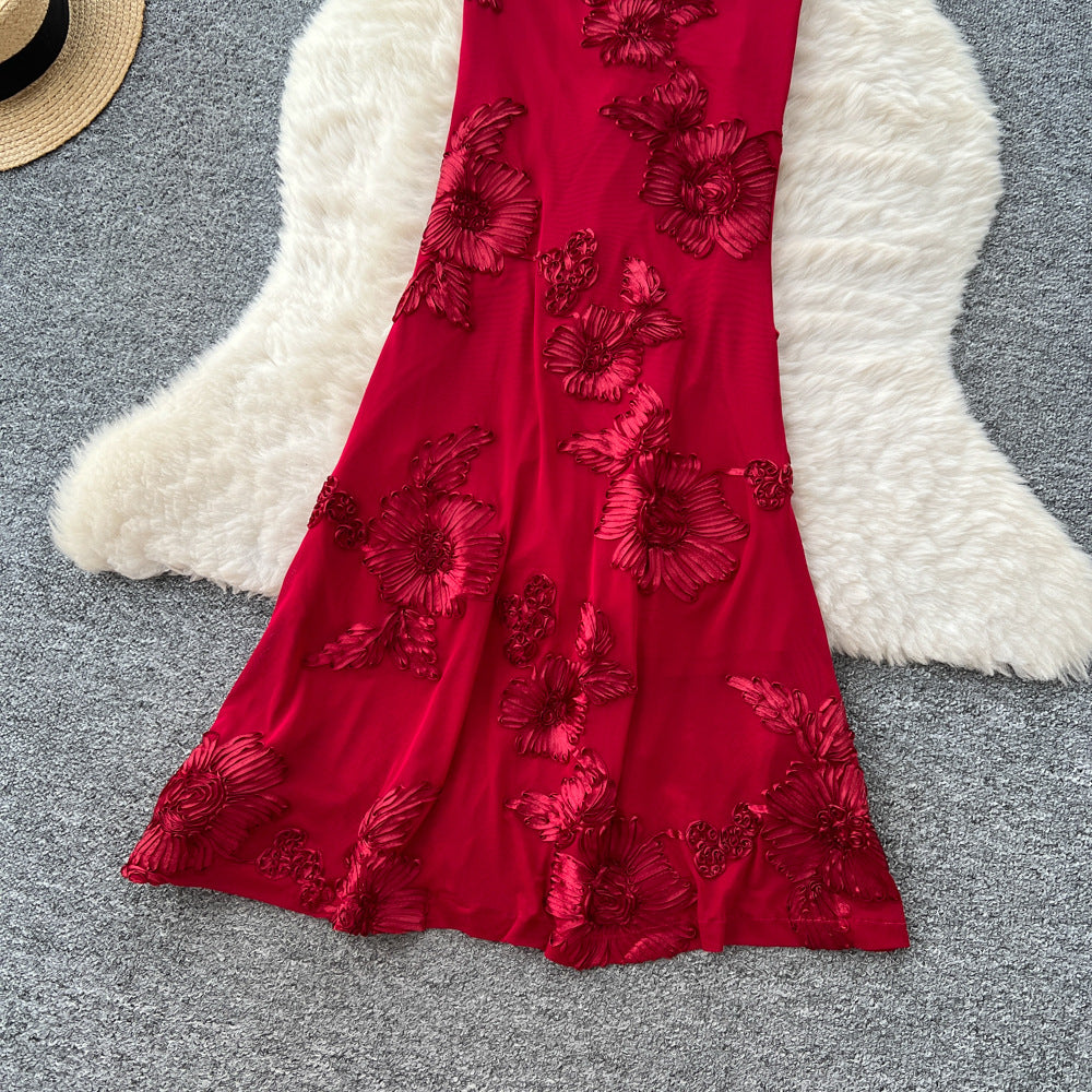 Red evening gown - women's french chic, luxurious, elegant, heavily embroidered, slimming, figure-flattering, suspender, bodycon dress