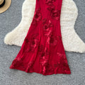 Red evening gown - women's french chic, luxurious, elegant, heavily embroidered, slimming, figure-flattering, suspender, bodycon dress
