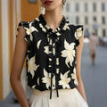 Simple retro floral print sleeveless top with ruffle neck and bow tie – casual commute women's apparel, 1688 source