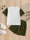 kids' summer outfit: letter print military green patchwork t-shirt and shorts set - unisex sporty two-piece