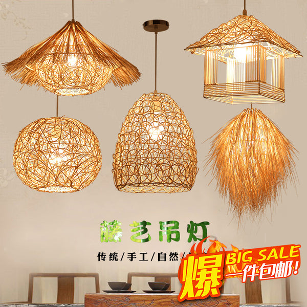 Chandelier Creative Rattan Hotel Personalized Hot Pot Shop Bamboo Chandelier Restaurant Chandelier Straw Hat Light Quiet Wind Zhongshan