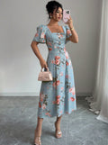 new european and american summer collection: french-style printed square neck bubble sleeve dress with cinched waist