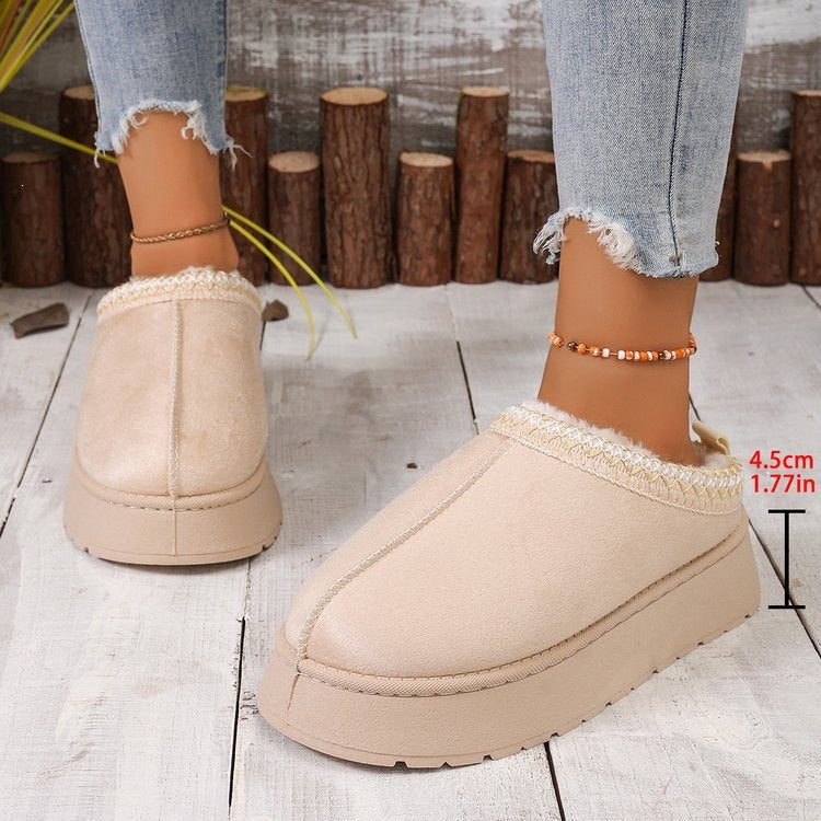 round toe suede rubber snow boots mid-heeled thick solefleece-linedheattech lace fashion cotton slippers for women