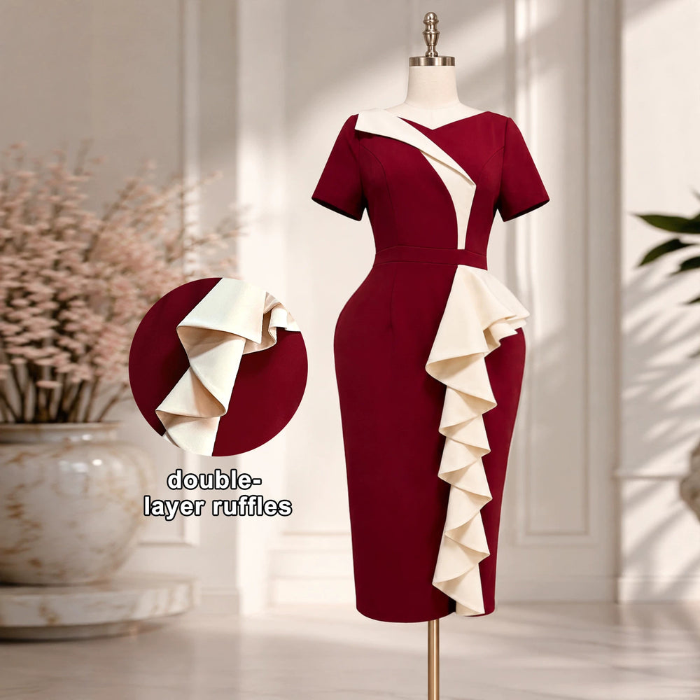 New arrival cross-border ruffles one-step skirt silm color matching work clothing hip-covering short-sleeved dresswoman dresses