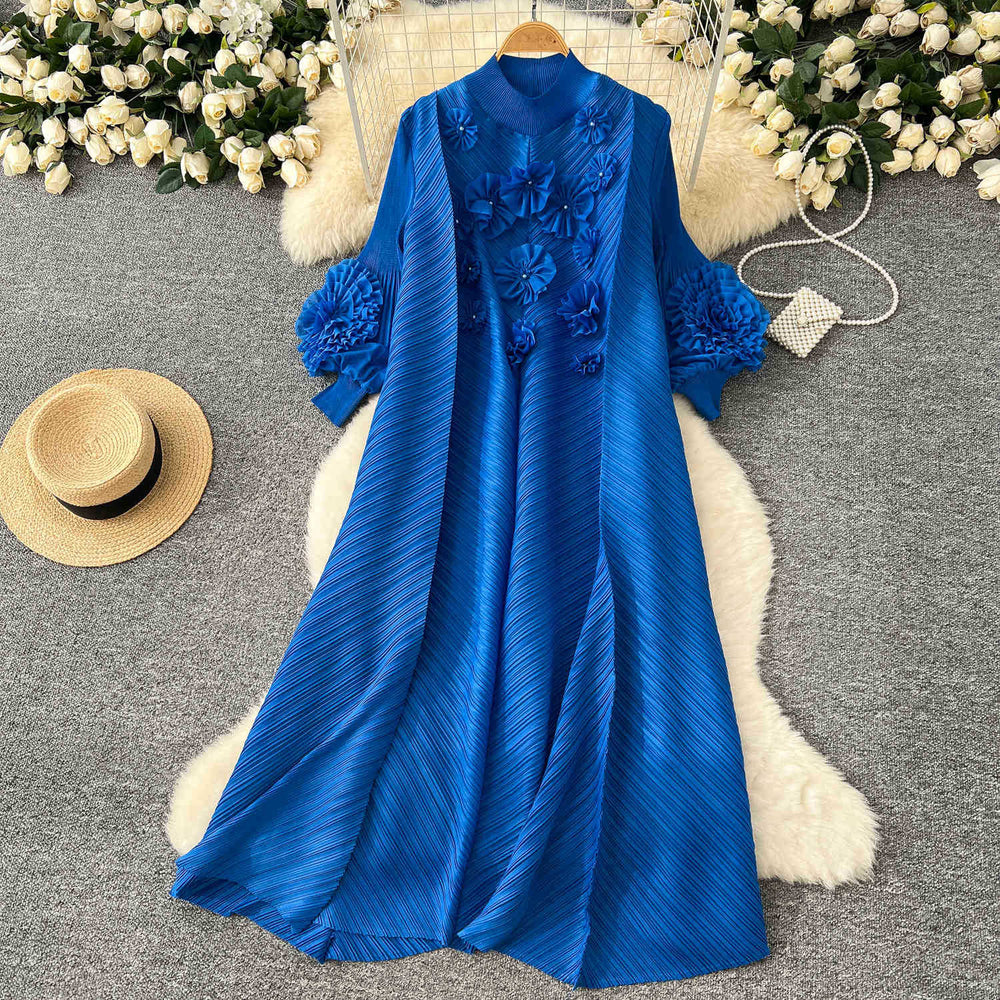 Miya pleated dress - spring  collection: high-end beaded, 3d floral, lantern sleeve, loose fit, pleated maxi dress