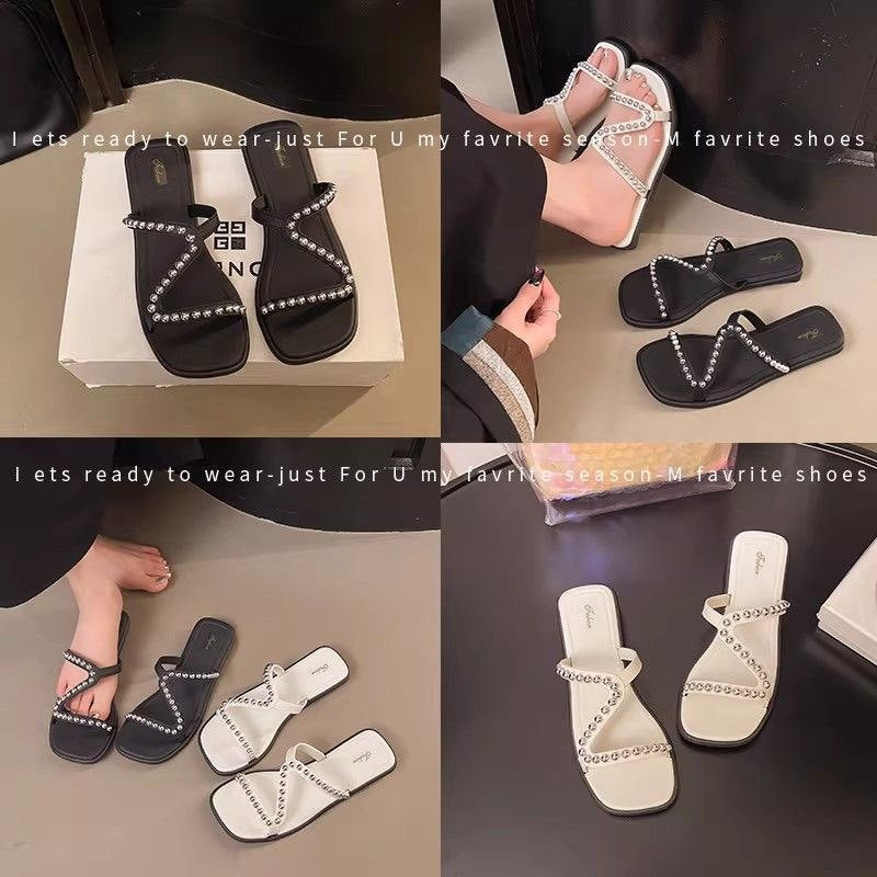 2026 new fashion versatile summer french silver pearl elegant home & outdoor beach sandals for women