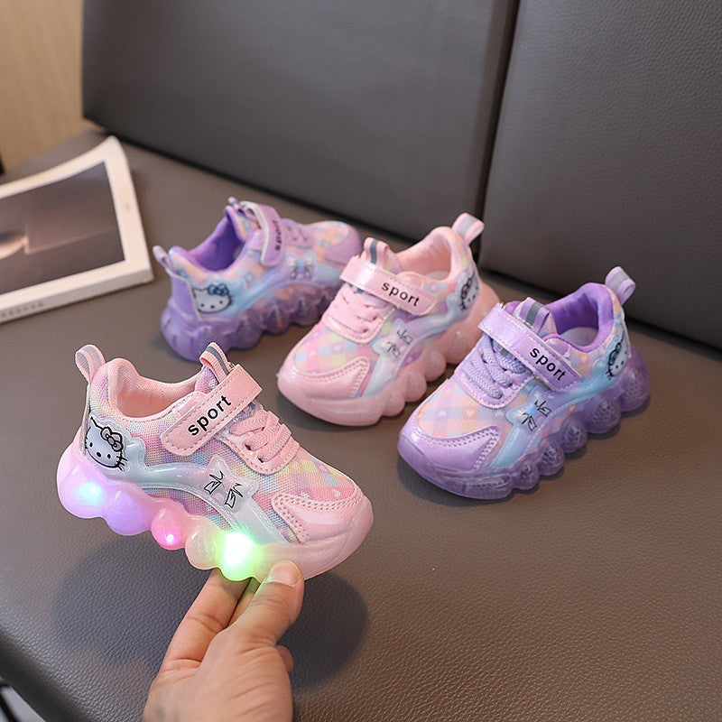 Spring/autumn new cartoon cat light-up sneakers for girls - luminous, breathable mesh casual shoes for toddlers and young children - trendy style