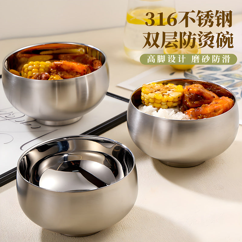 316 stainless steel bowl, thickened double-layer, household bowl, student & kids' rice bowl, school canteen tableware, soup bowl - wholesale