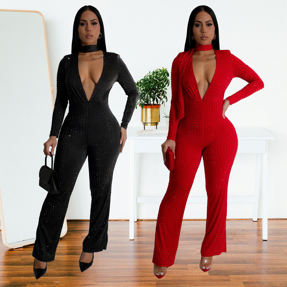 C7213 cross-border   fashion women's sexy v-neck long sleeve rhinestone arm cover jumpsuit new