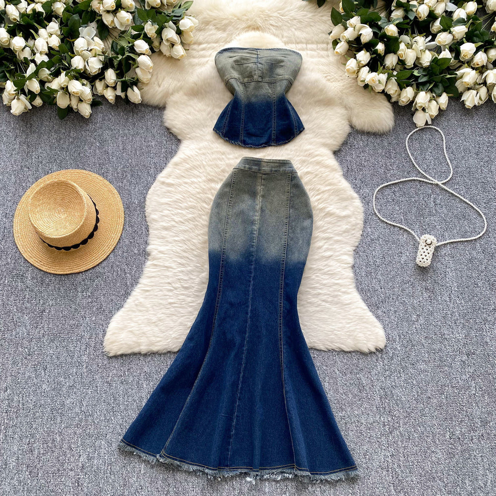 American retro hot girl outfit: women's summer pure & sultry sleeveless denim bandeau top with high-waisted fishtail midi skirt