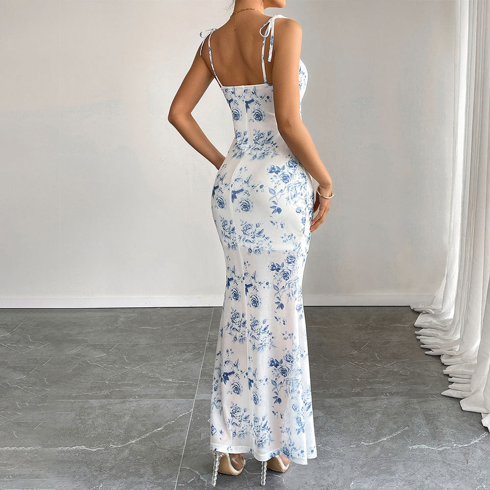 European and american  cross-border new arrival hot selling fashionable floral print sundress - summer high-waisted casual printed maxi dress
