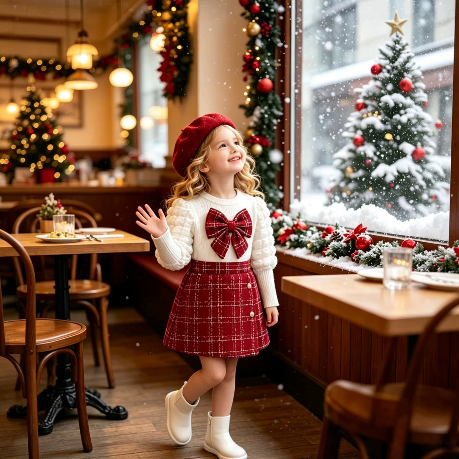 girls' chanel-inspired outfit: autumn/winter puff sleeve knit top, tweed skirt, and beret three-piece set