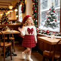 girls' chanel-inspired outfit: autumn/winter puff sleeve knit top, tweed skirt, and beret three-piece set