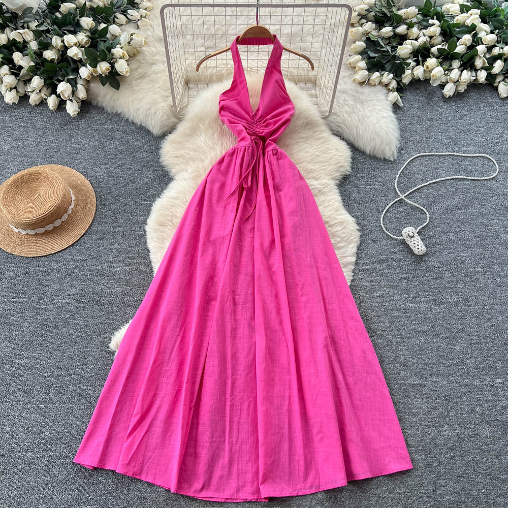 Accessible luxuryniche stylehalterdress women's summersexybacklessv necktie backwaist slimming lookholiday style long skirt