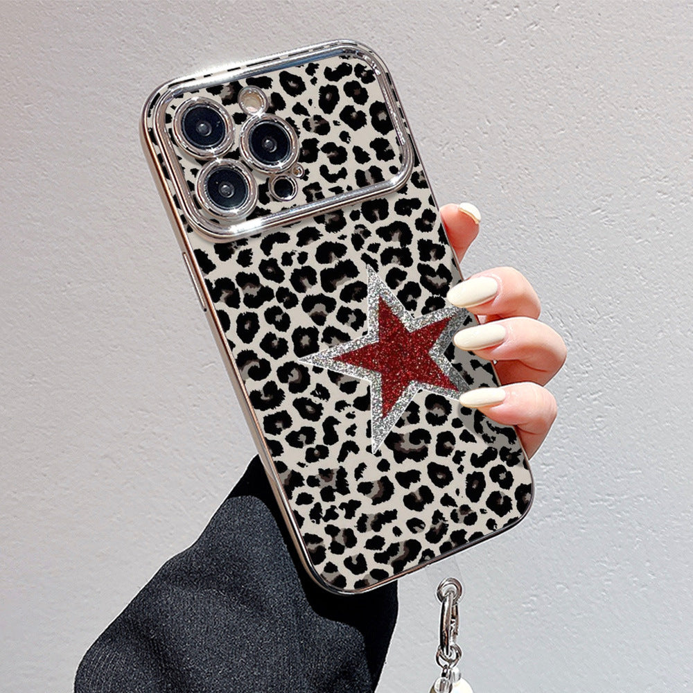 Suitable for iphone 16 glitter pink leopard print phone case apple 17 with beaded chain high-end full cover soft case