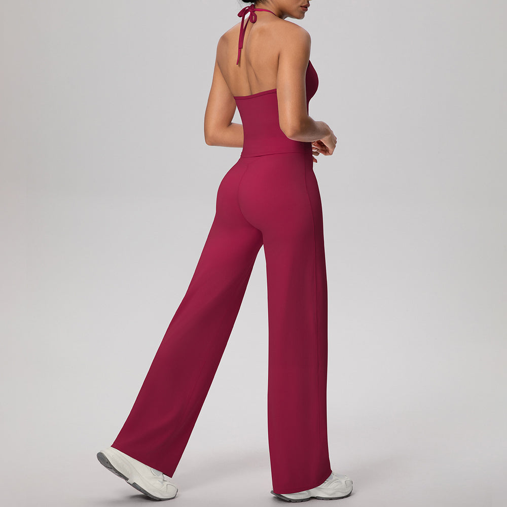 pure color brushed beautiful back tight strap halterhigh waist yoga suit sports running fitness two-piece set