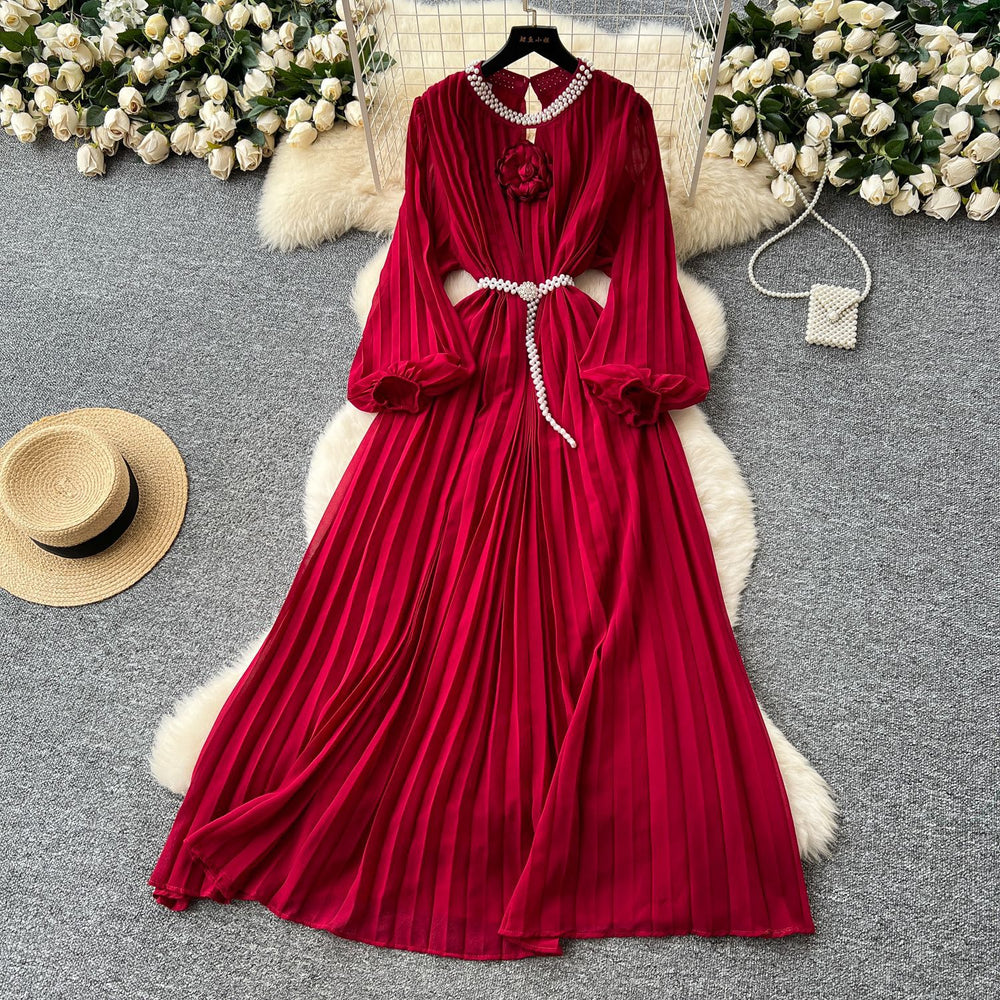 Frenchclassy heavy industry studded cut out round neck stereo flower lantern sleeves strappy waist pleated chiffon dress