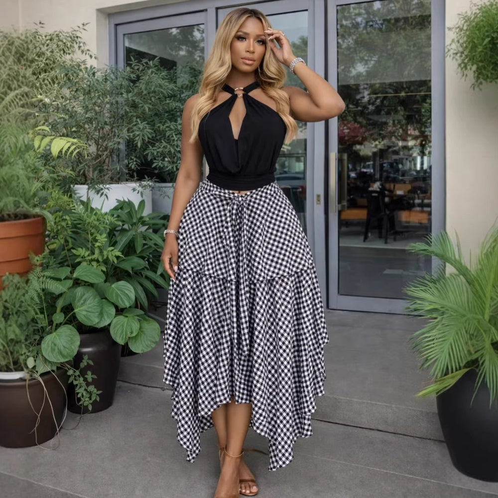 European and american cross-border women's fashion:  summer new arrival - high-waisted tie-waist plaid asymmetrical midi a-line skirt