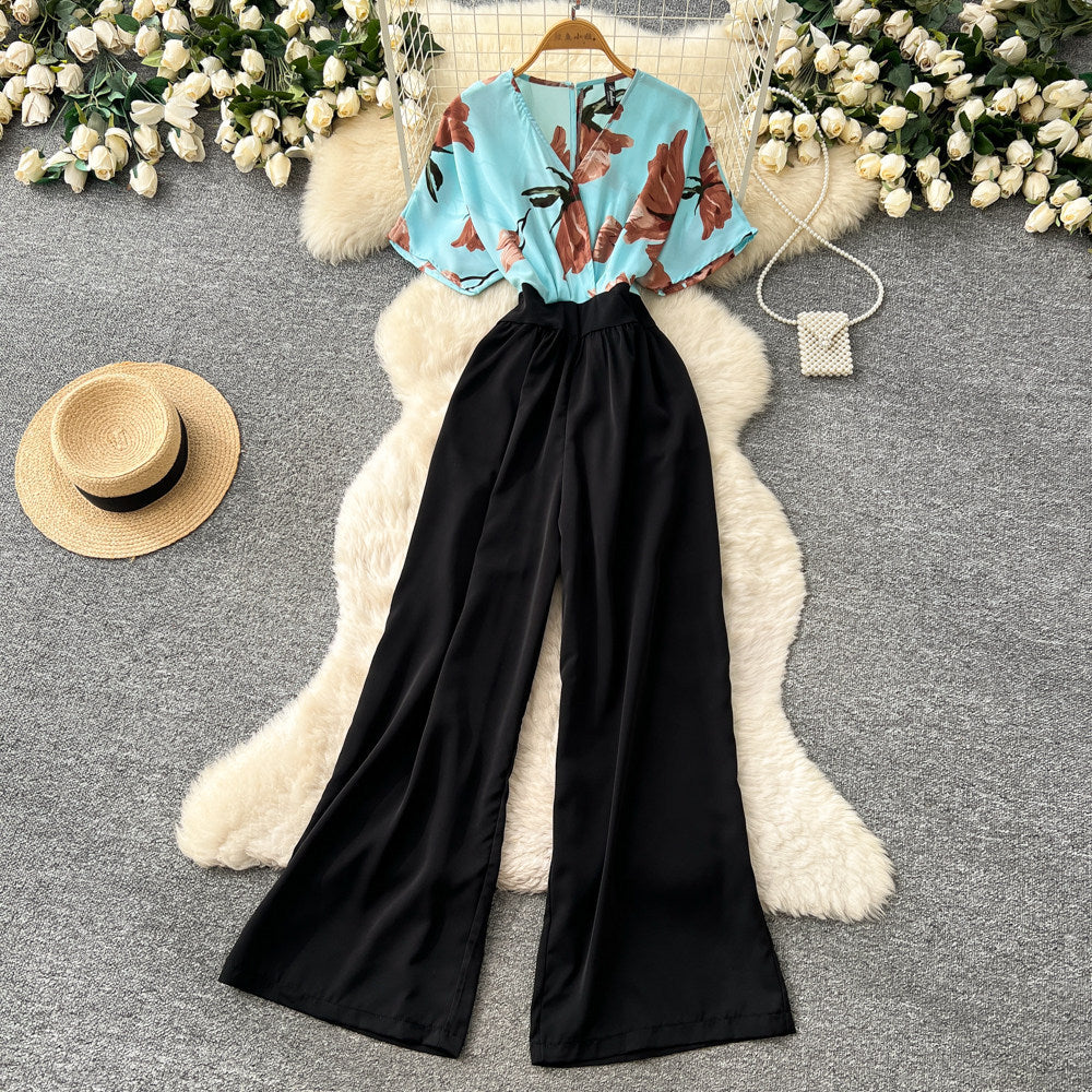 Korean style commute v-neck printed jumpsuit - women's summer high-waisted wide-leg slimming and flattering trousers