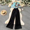 Korean style commute v-neck printed jumpsuit - women's summer high-waisted wide-leg slimming and flattering trousers