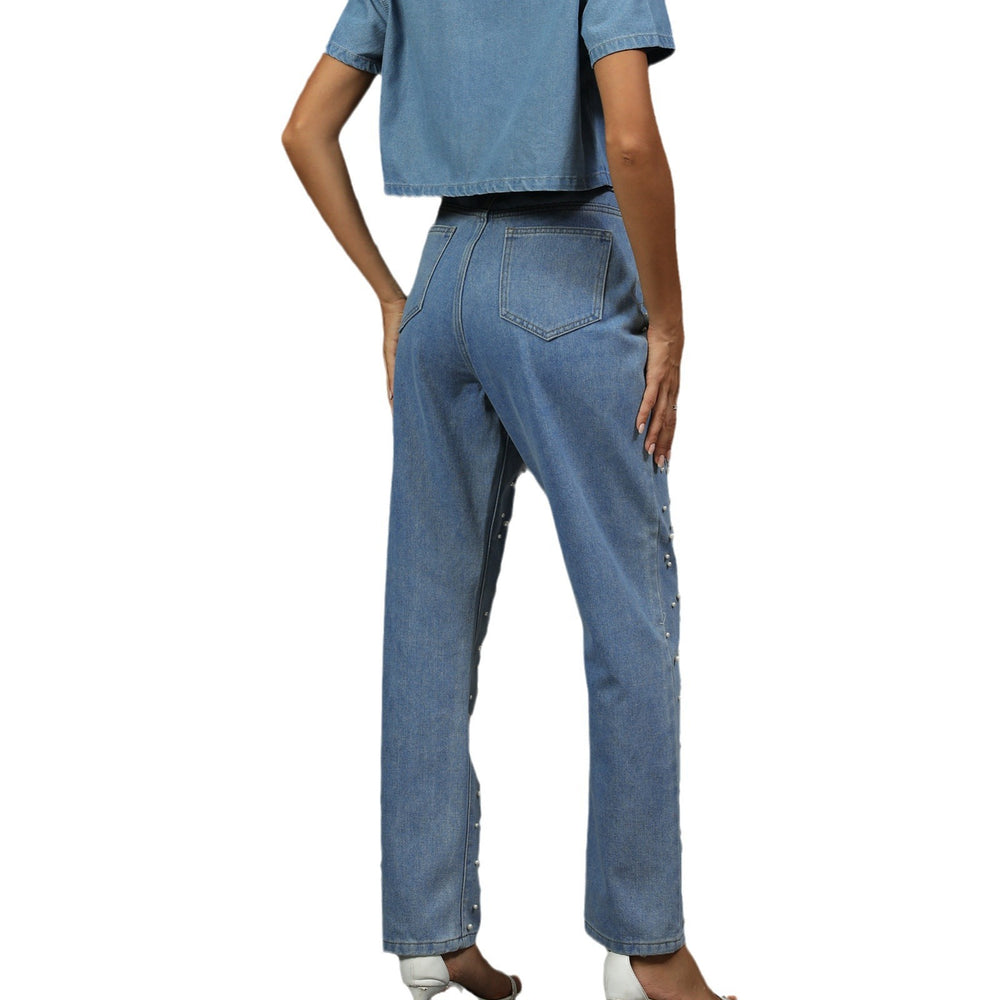Wish fashion cross-border e-commerce women's clothing  independent website autumn new washed pearl denim straight-leg pants