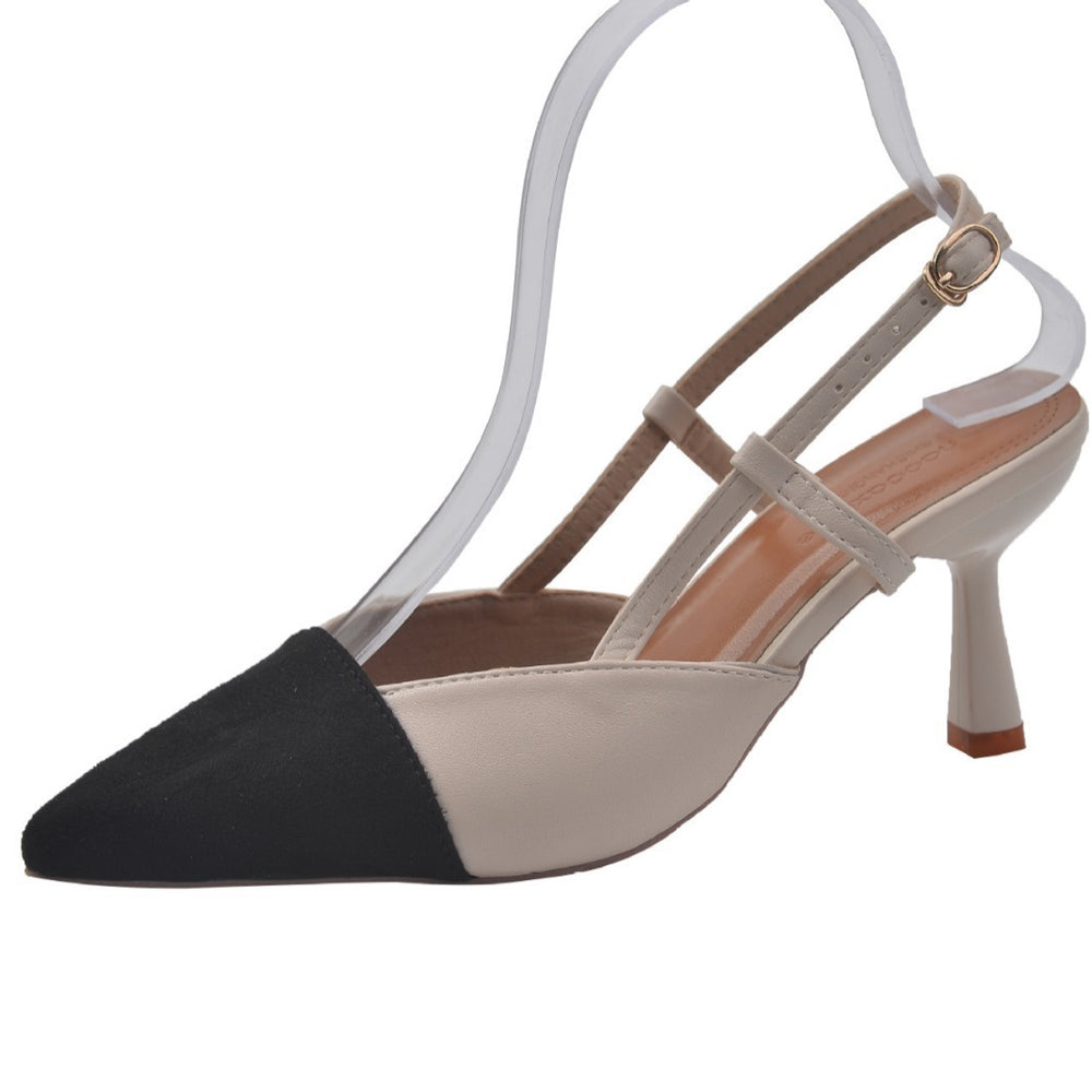 2024 summer new fashion pointed-toe stiletto sandals, french color-block low-cut high heels, open-back designer women's shoes