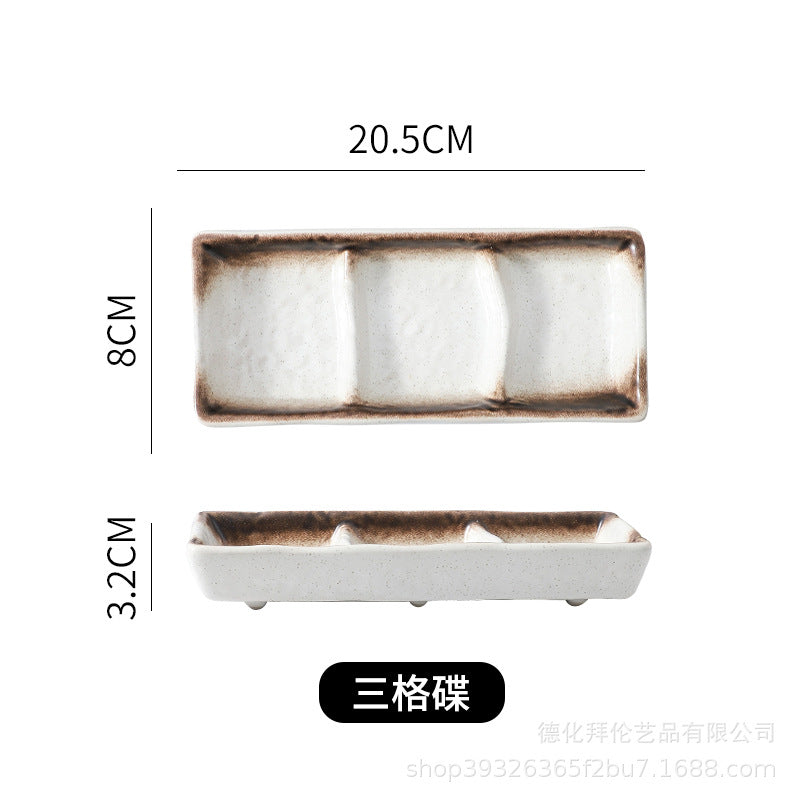 Japanese-style ceramic three-compartment dish - sauce, snack, and vegetable plate - rectangular sushi plate - restaurant-grade wholesale from manufacturer