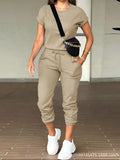 Amazon cross-border e-commerce fashion casual women's solid color crew neck top and multi-pocket pants set - versatile style