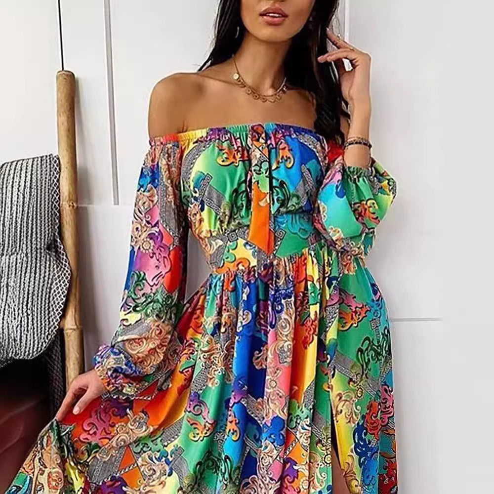2025 spring/summer new collection: european & american style printed evening gown - v-neck, pullover, vintage long sleeve, high slit maxi dress