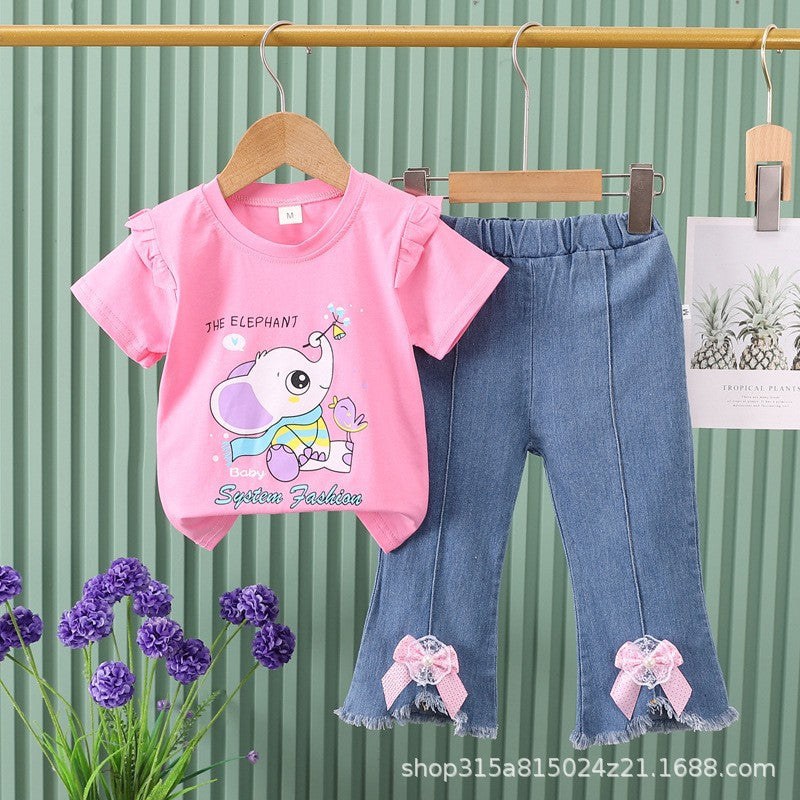 Girls' outfit  new cartoon cute animal korean style denim shorts lace short sleeve two-piece set for young children and toddlers
