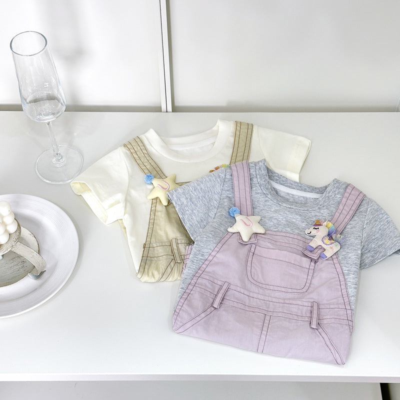Girls' summer outfit  new style patchwork fake two-piece suspender short sleeve girl's baby t-shirt dress top for toddler, little kid, and big kid - trendy
