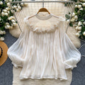 Korean style commute-friendly, skin-friendly, breathable ruffle hem blouse - women's summer long sleeve mesh oversized pink girly top
