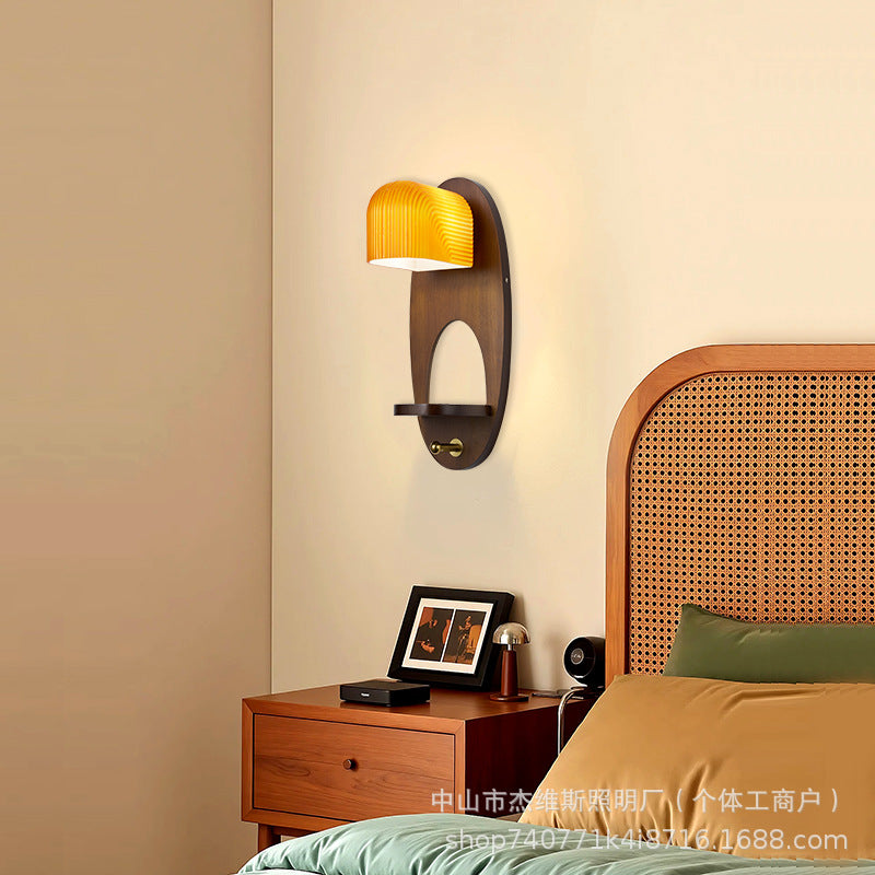 Retro solid wood oval wall lamp with vertical pattern and translucent glass b&b guest room bedside aisle new chinoiserie atmosphere