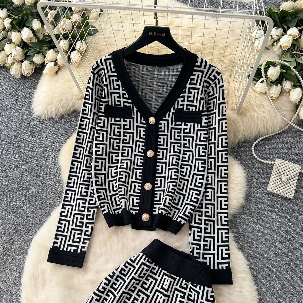 European and american chic women's autumn outfit: high-end v-neck long sleeve geometric print knit cardigan with high-waisted pants