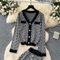 European and american chic women's autumn outfit: high-end v-neck long sleeve geometric print knit cardigan with high-waisted pants