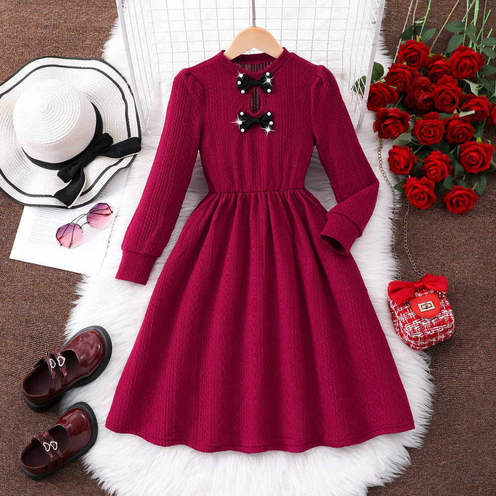 Girls' (tall) dress, autumn long-sleeve solid color bow dress