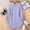 cross-border girls' dress: new spring/autumn casual striped turn-down collar button-down long sleeve side drawstring shirt dress