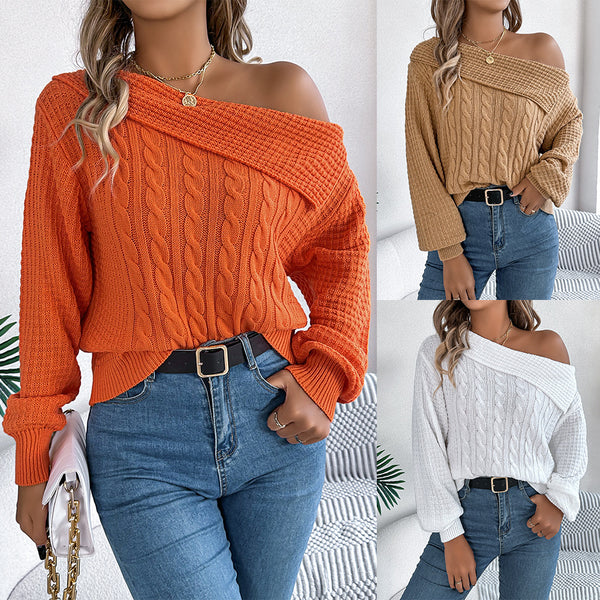 Real shot 2025 autumn and winter casual sexy lapel off-the-shoulder twist long-sleeved pullover sweater,   women's clothing