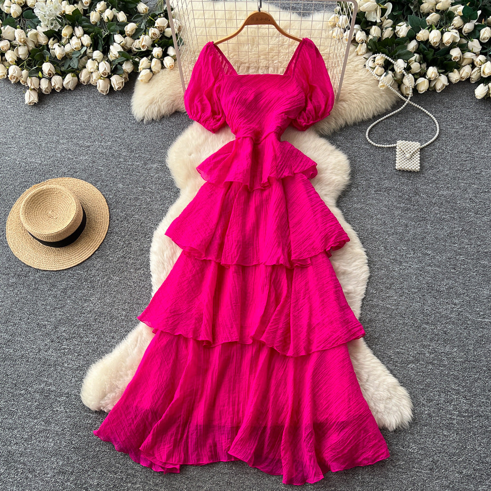 French riviera style puff sleeve square neck dress - women's summer slimming a-line maxi dress with tiered ruffle hem
