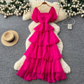 French riviera style puff sleeve square neck dress - women's summer slimming a-line maxi dress with tiered ruffle hem