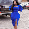 D402 european and american plus size women's clothing  autumn new fashion elegant hollow-out long sleeve slit solid color african dress