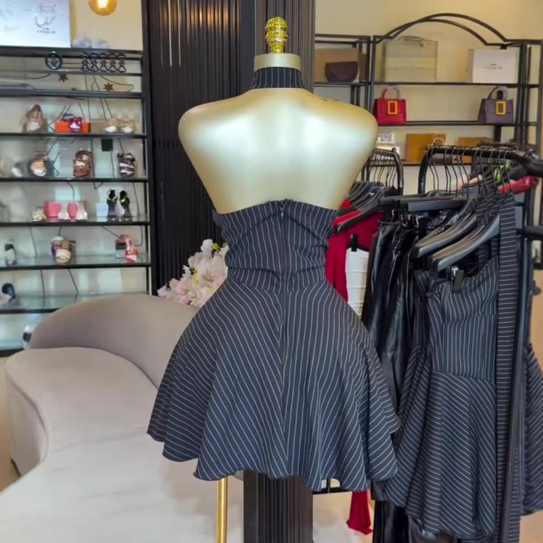 European and american cross-border women's fashion:  summer new arrival - elegant design bandeau backless bow tie striped mini dress