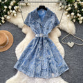 French romantic style heavy lace embroidery dress - women's summer short sleeve, cinched waist, hollow-out, slimming, elegant mini dress