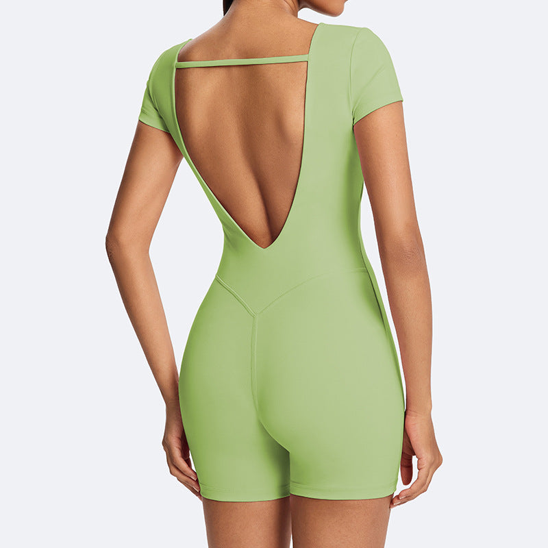 Solid color slim-fit short sleeve bodysuit - activewear for fitness, running, and yoga - women's summer lightweight jumpsuit