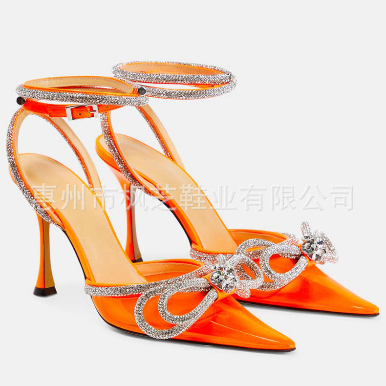 Transparent bow rhinestone high heel sandals pointed toe closed toe stiletto heels fashion european and american cross-border style